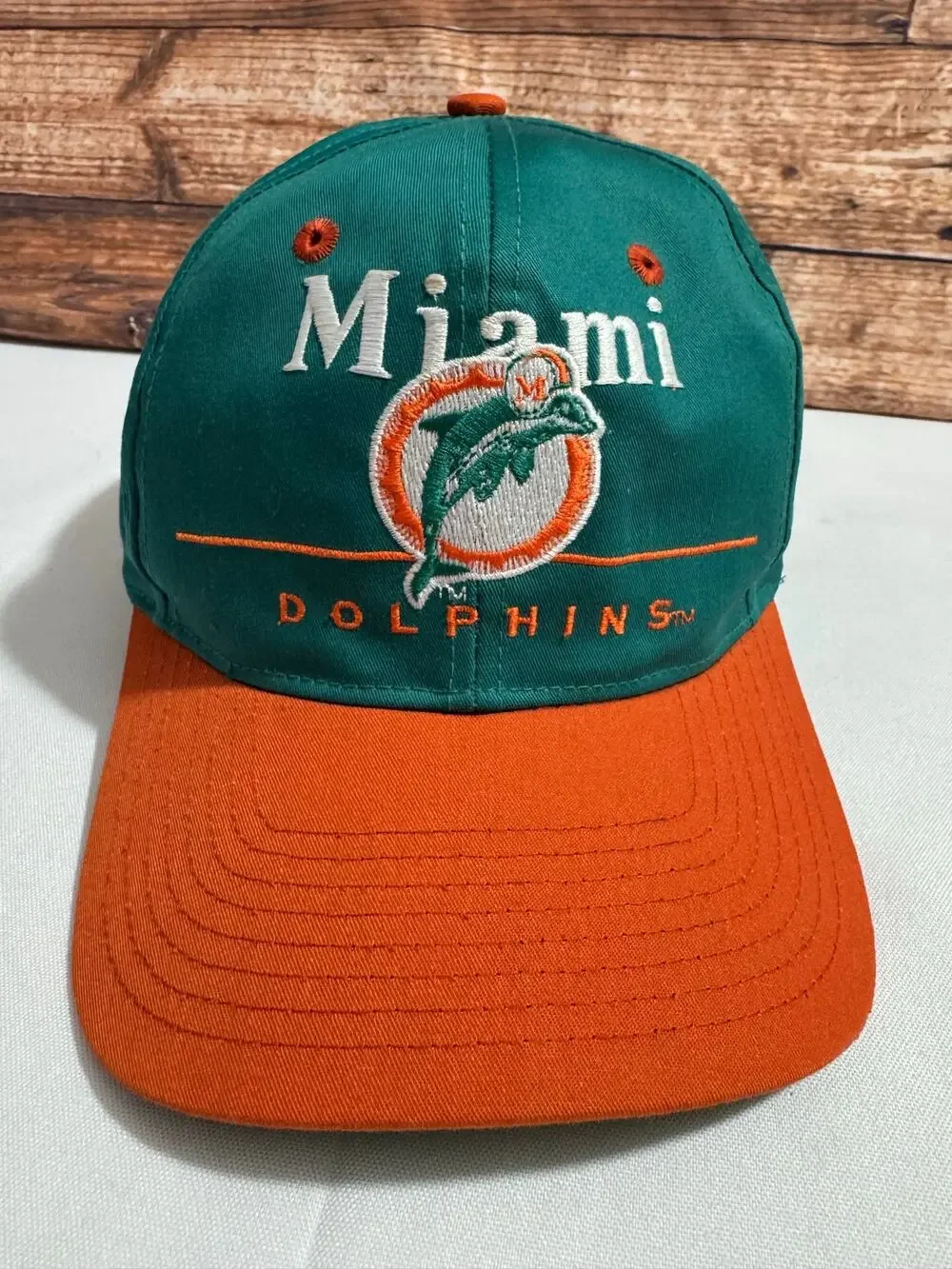Vintage 90s Miami Dolphins NFL Green and Orange Snapback Hat